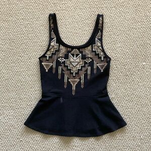 NEW EXPRESS Black Geometric Aztec Sequin Peplum Tank Top Blouse Stretch XS NWOT